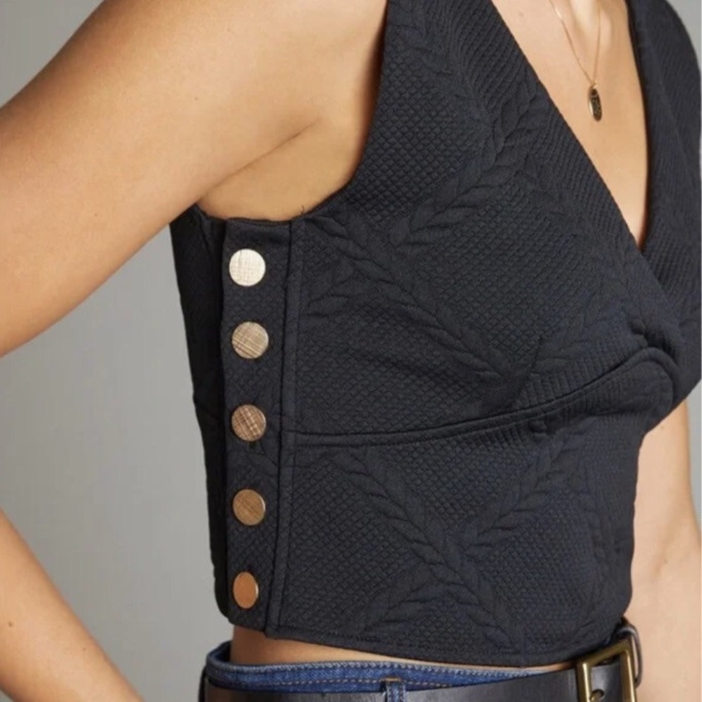 Anthropologie Black Cropped V-Neck Button Side Tank